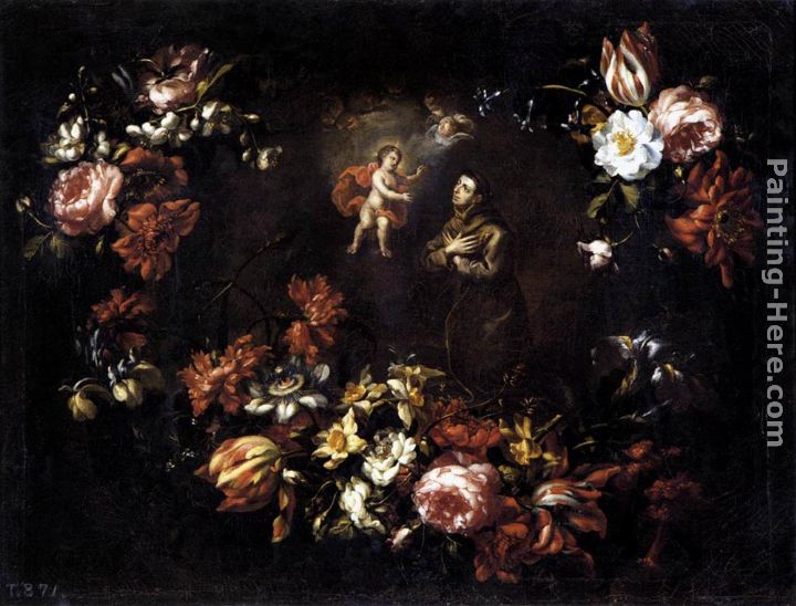 Garland of Flowers with St Anthony of Padua painting - Bartolome Perez Garland of Flowers with St Anthony of Padua art painting